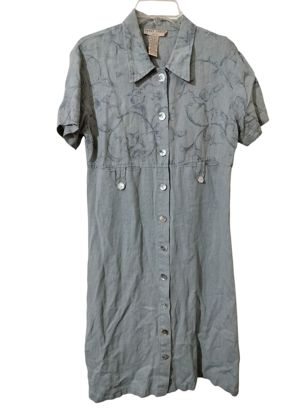 5833)Sweet Jessie Petite Linen Dusty Blue Artsy Lagenlook Cottagore Dress Small